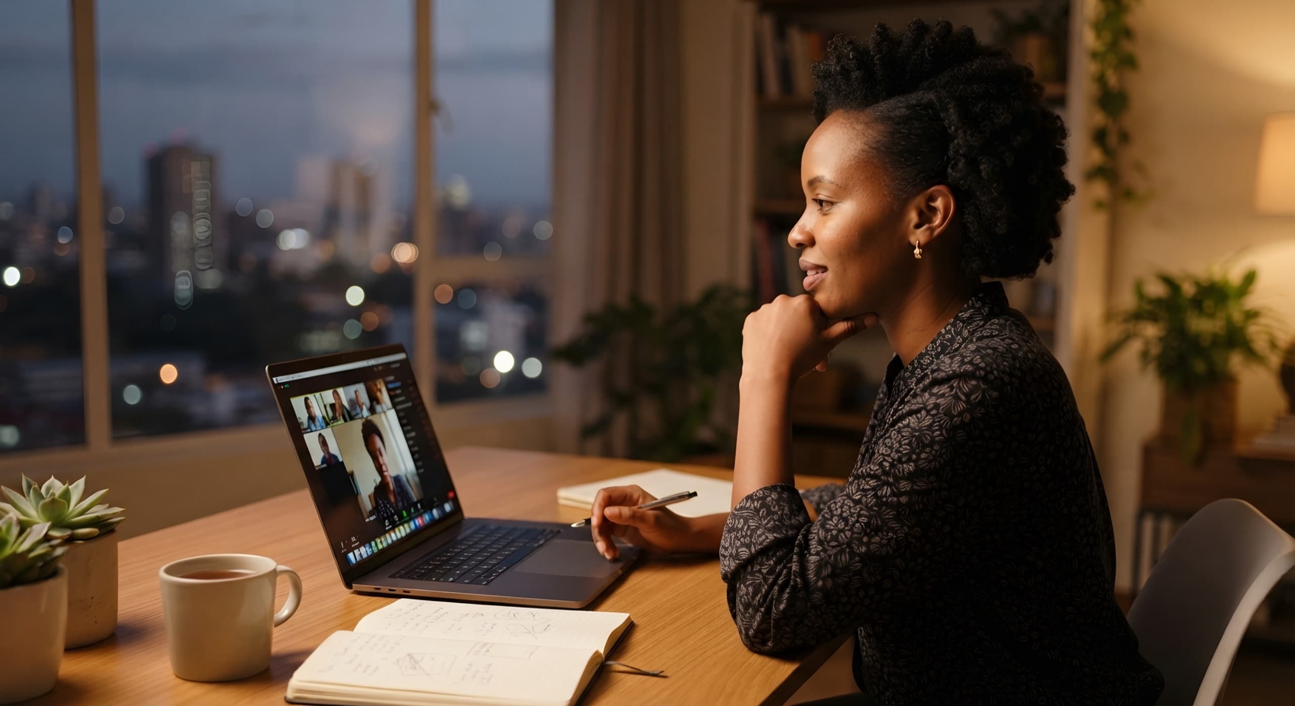 A woman at a desk with a laptop and a notebook, by a window over a city at dusk, smiling with her chin on her hand.