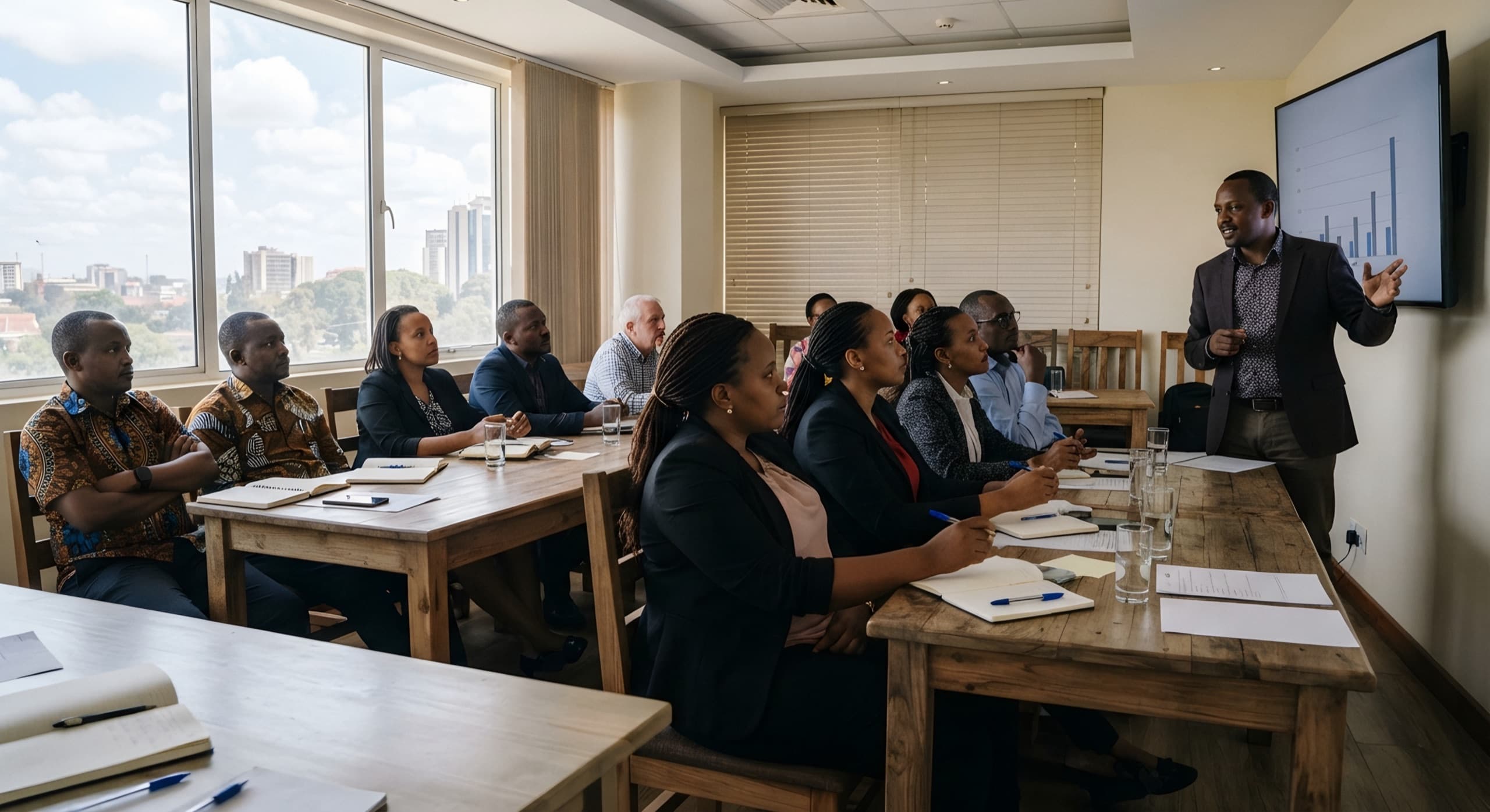 A facilitator presents a chart on a wall screen to a room of professionals seated along a boardroom table in Nairobi.