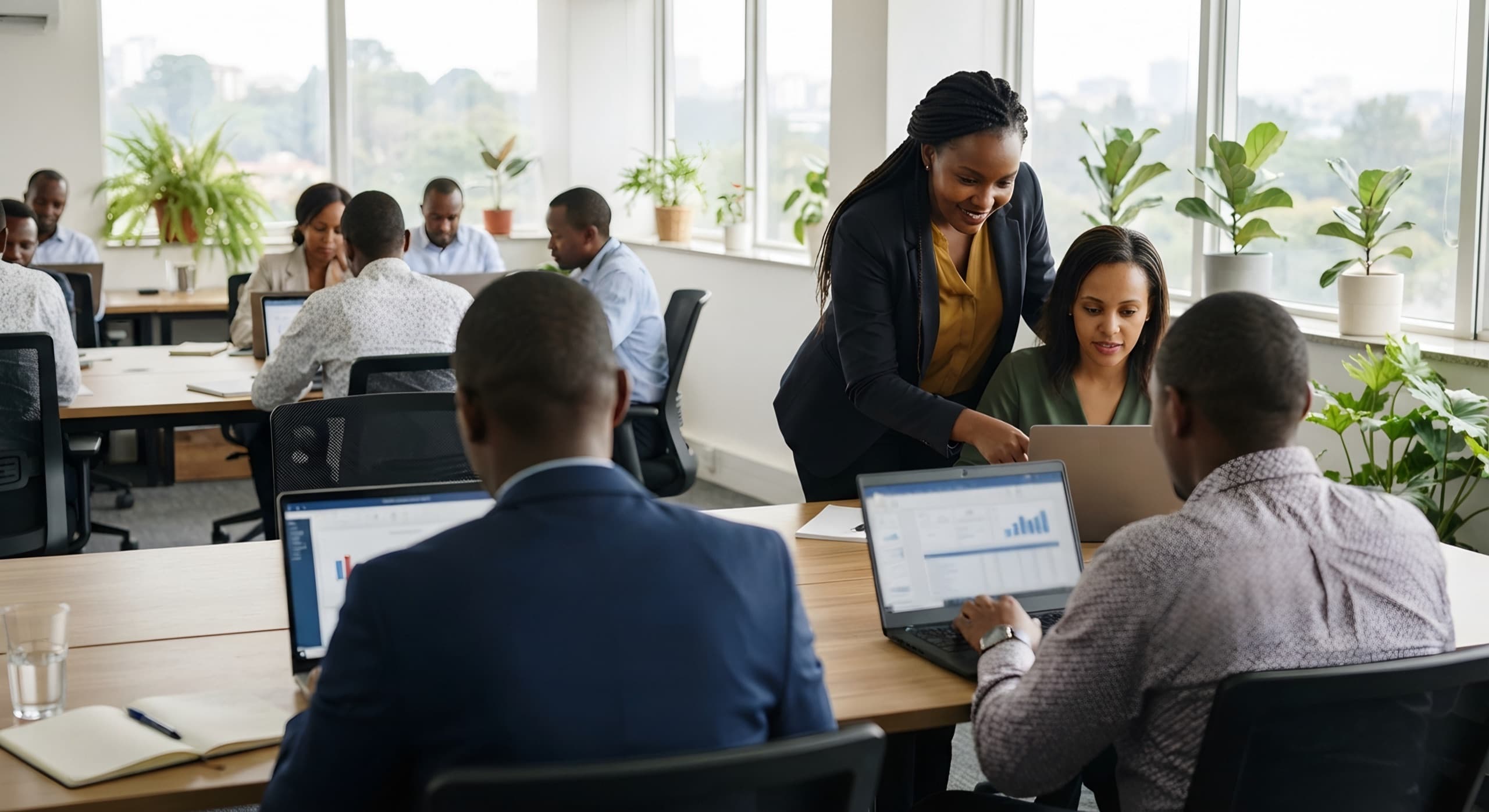 A trainer leans in to help a participant at a laptop during a team training session in a bright Nairobi office.